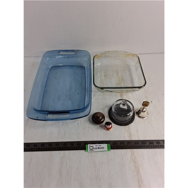 (2) Glass Bake Pans, Granite Cheese Display, Stoneware Container, Dinner Bell, Ornament