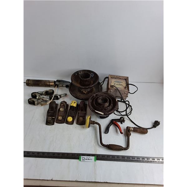 Vintage Ceramic Light Fixtures, Planers, Speed Wrench, Battery Charger, Casters, Misc.