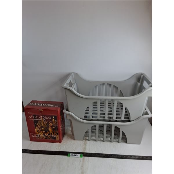 (2) Plastic Bins - 10x22x12", Danson Martini Glass Candle Holders - Appear Unused