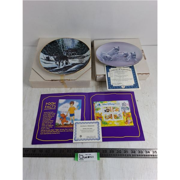 (2) Decorative Plates featuring Wolves, Winnie-the-Pooh Postage Stamps