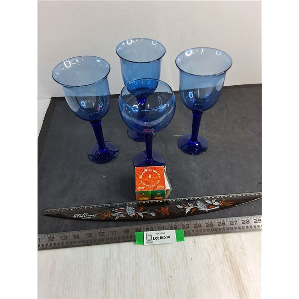 (4) Blue Over-Sized Wine Glasses, Floating Candle, Promotional Ruler