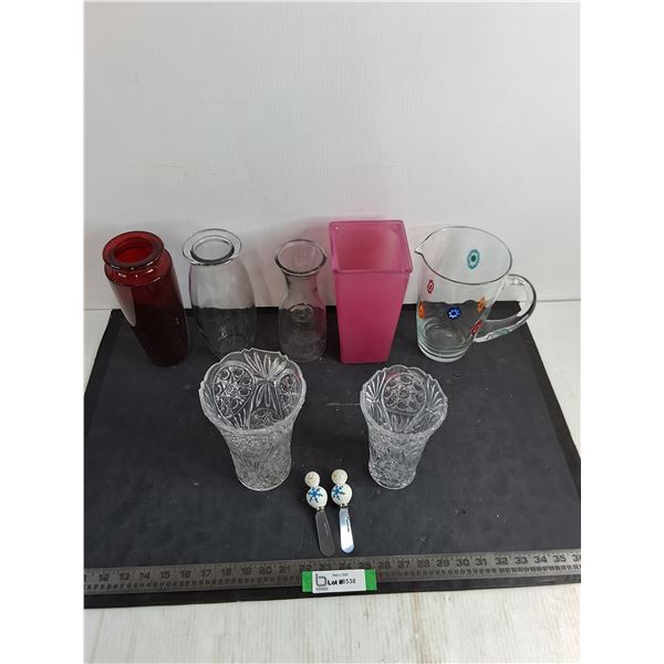 (7) Glass & Plastic Vases & Pitchers, Snowmen Butter Knives