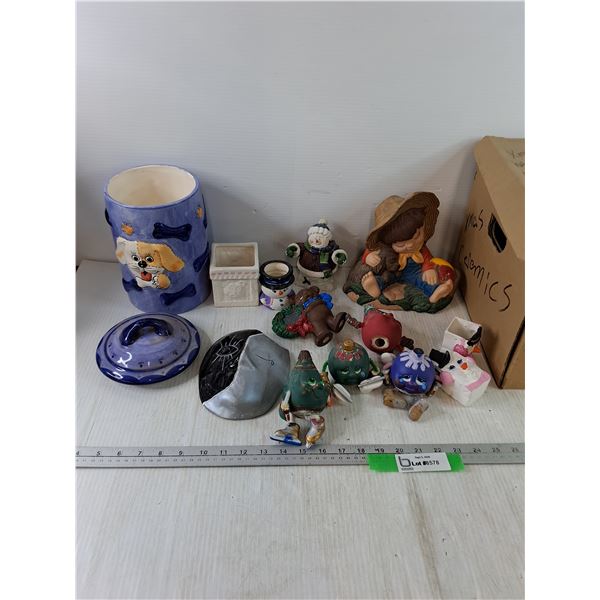 Assorted Ceramic Christmas Figures, Mask, Cookie Jar with Lid