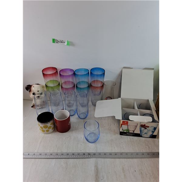 Porcelain Dog, (8) Plastic cups, (8) Glass Cups, (2) Coffee Mugs, Red Lobster Cup
