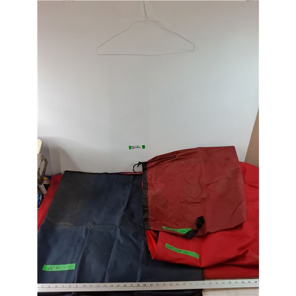 Red Canvas Sheet ~78" x 48", Red Duffel Bag 40" x 20", Blue Camping Bag 26" x 60"