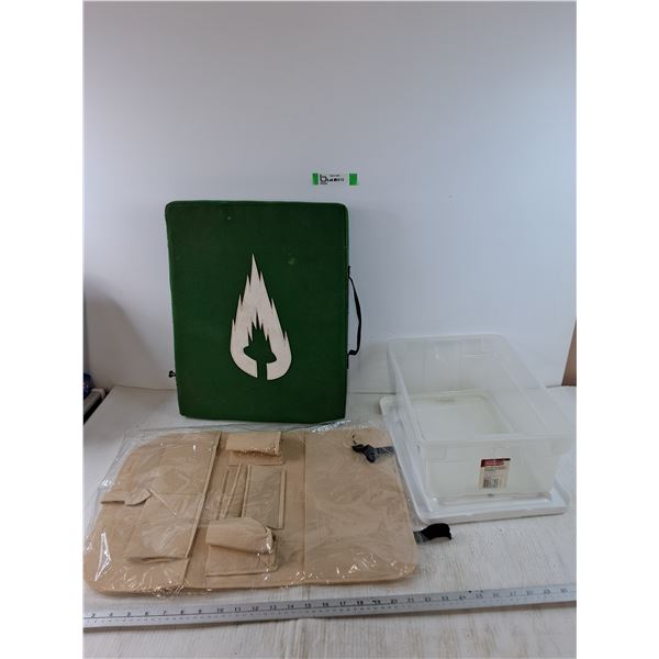 Beige Car Back Seat Organizer,  Rubbermaid Storage Box, Green Seat Cushion As-Is