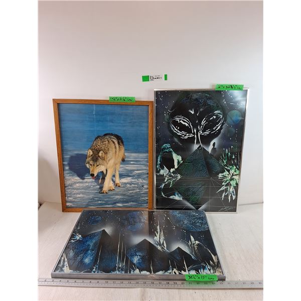 Picture Photo of Wolf, (2) Paintings of Pyramids, Planets, Aliens