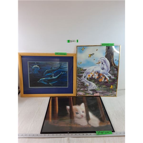 Painting Prints of Kitten on Chair, Unicorn and Kittens by Tree, Dolphins As-Is