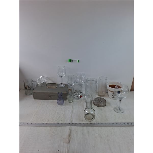 (4) Wine Glasses, Drumheller Mug, Jar, Plant Pot, (4) Vases, Locked Toolbox