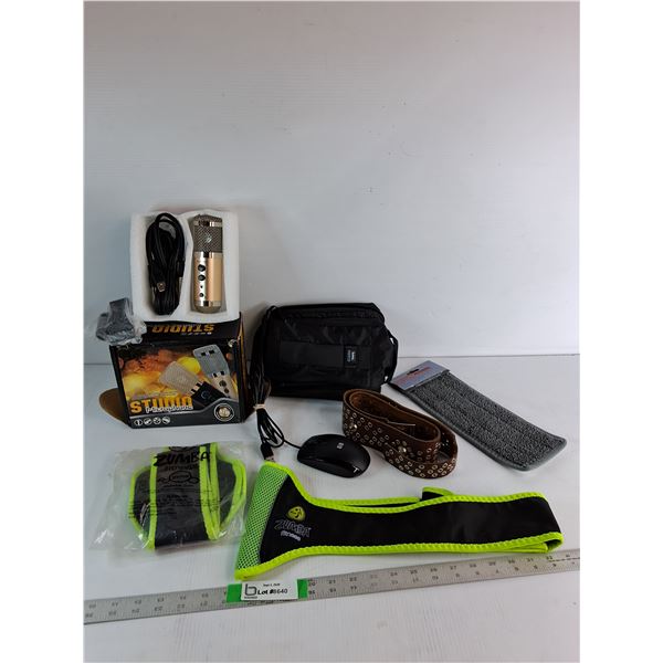 Studio Microphone Appears NIB, (2) Zumba Waist Belts, HP Mouse, Toiletries Bag, Misc