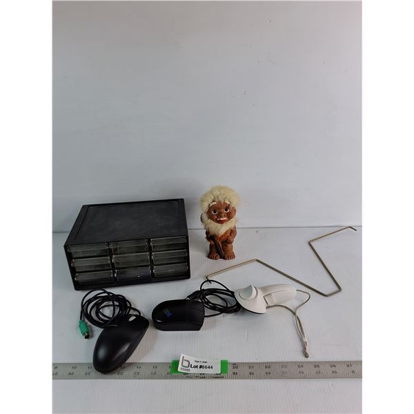 Plastic Organizer 9"x6.5"x5", Cave Man Figurine 7", (2) Computer Mouse, Misc