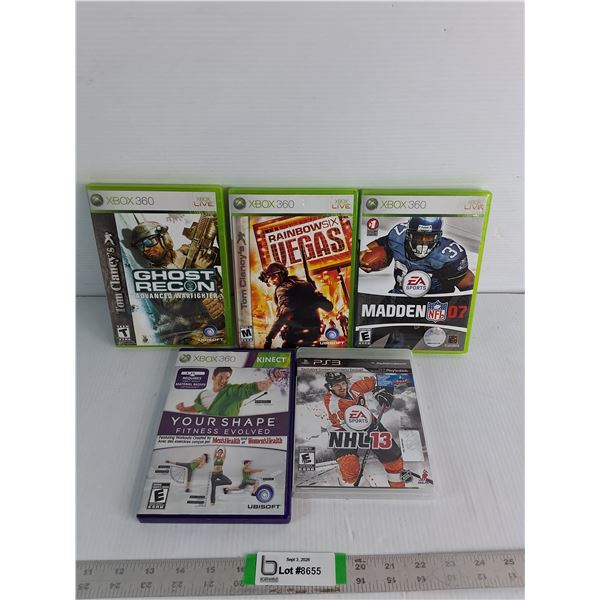(5) Video Games Mostly Xbox 360- Ghost recon, Rainbow Six Vegas, Madden 07, Your Shape, NHL 23
