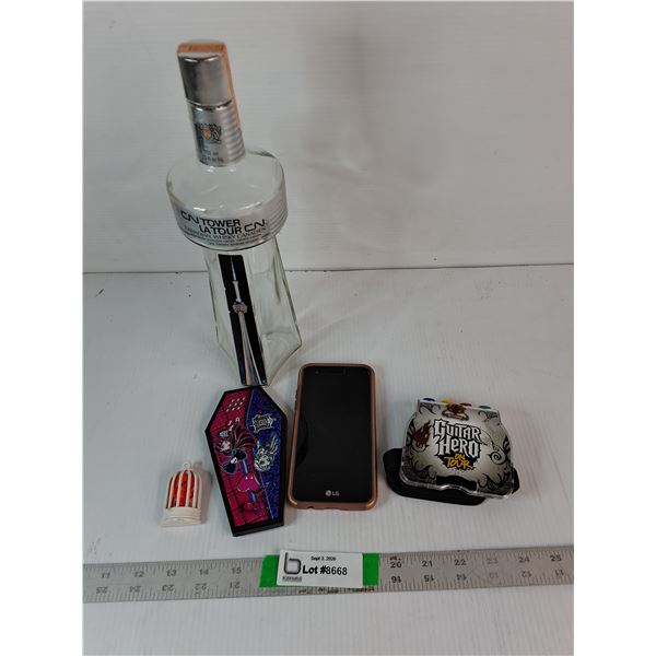 CN Tower Liquor Bottle EMPTY, LG Phone As Is, Guitar Hero Guitar Grip