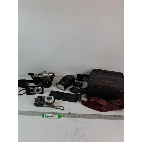 Assorted Cameras, Camera Flash, Camera Bag - As Is