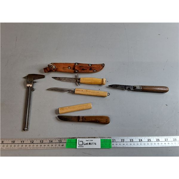 (4) Knives Up to 7.75", Sheath & Caliper