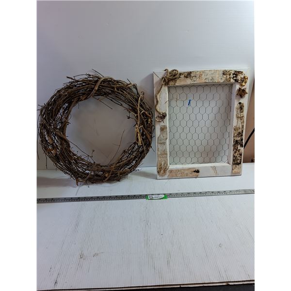 (2) Outdoor Decorations - Wooden Wreath, Wooden Frame Wire Insert 19x16"