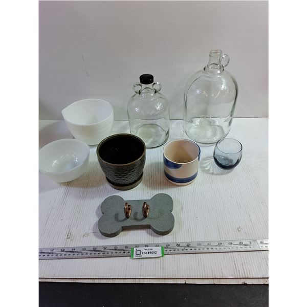 Assorted Glassware, Bowls, Pot, Jugs, Dog Bone Key Hanger