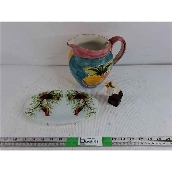 Ceramic Pitcher, Milk Glass Oval Plate, Eagle Bust
