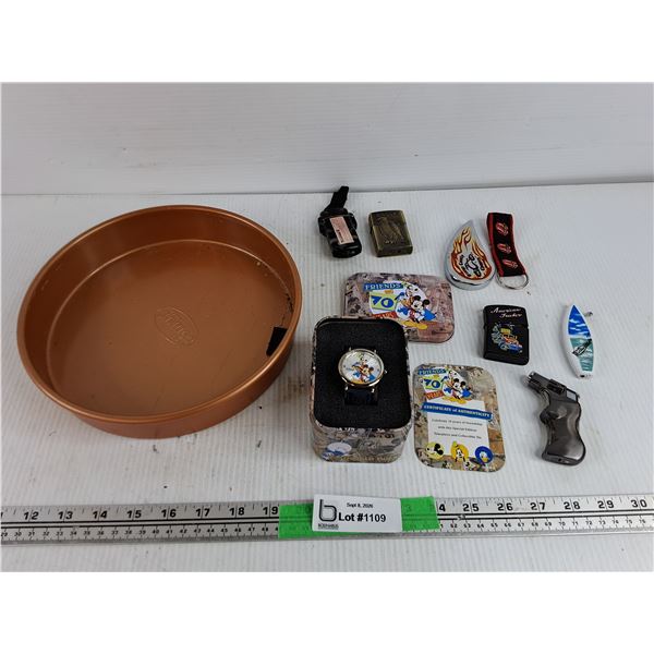 Metal Pan, Mickey Mouse Watch, Assorted Lighters