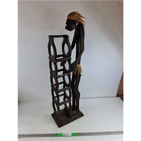 Carved Wood African Wine Bottle Holder 34"