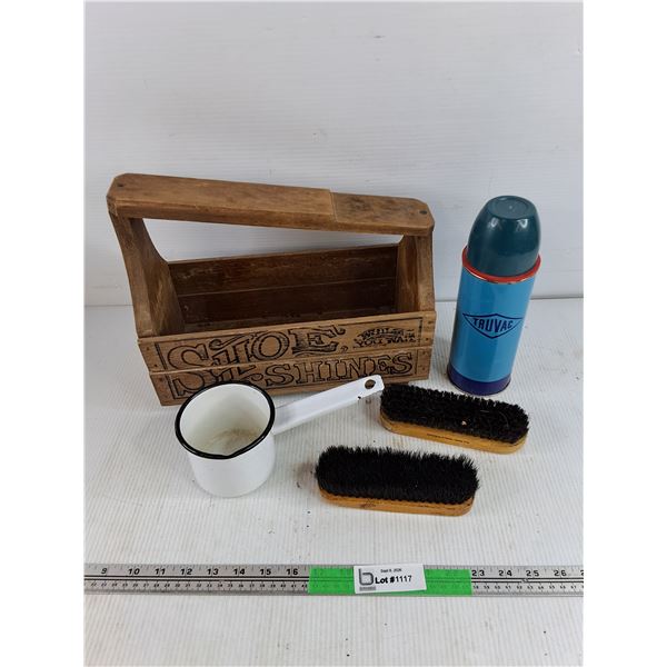 Vintage Shoe Shines Stand, Enamel Pitcher, Shoe Brushes, Truvac Insulated Bottle