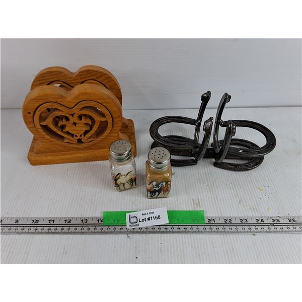 Wooden Tissue Holder, Horse Themed Salt & Pepper Shakers , Horse Shoe Spice Shaker Caddy