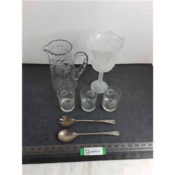 Glass Pitcher w/3 Tumblers, Candle Holder, Salad Utensils