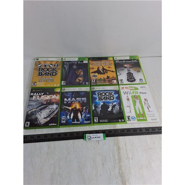 (8) XBOX360/Wii Video Games - Rock Band, Clone Wars, Mass Effect