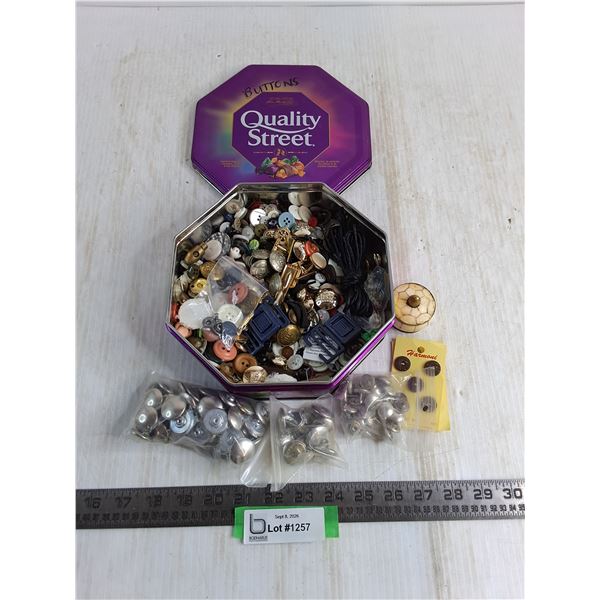 Large Assortment of Buttons in Candy Tin
