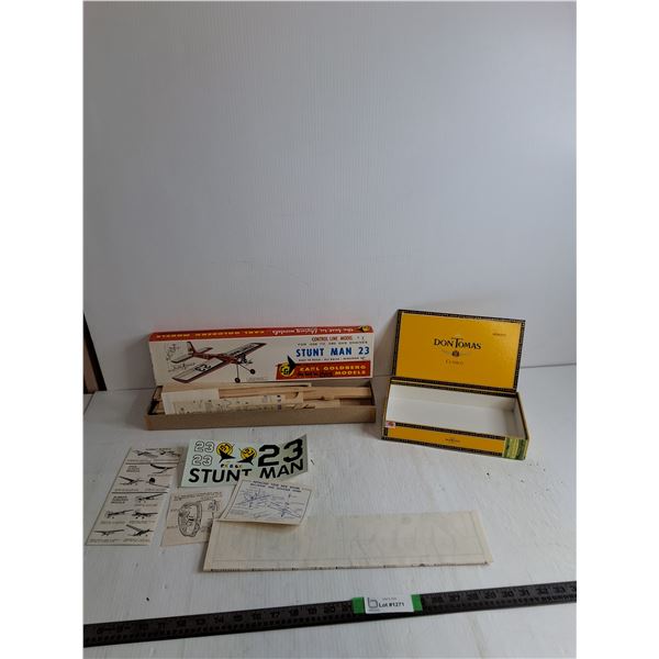Stunt Man 23 Control Line Wooden Plane Model, Don Tomas Empty Cigar Box