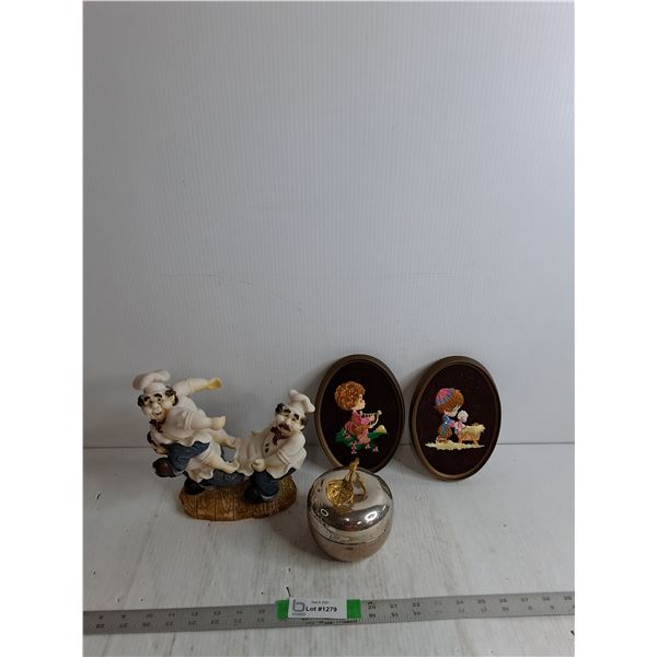 Candy Jar 5", Ecstasy Embroidered Framed Art 7.5", Ceramic Chefs Wine Bottle Holder 9"