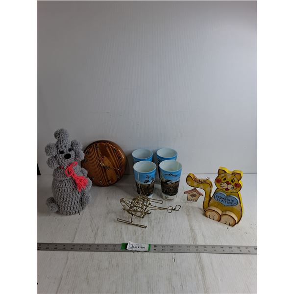 Wall Clock 8", Poodle Knittled Bottle Cover, Wire Helicopter, (4) Cups 6"