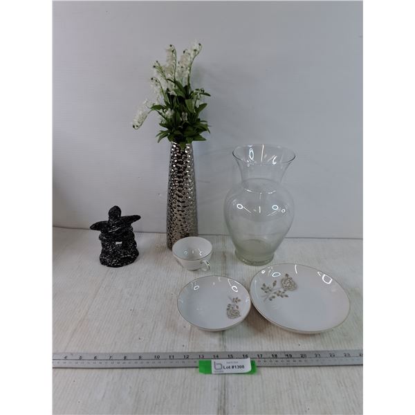 Mini Resin Inukshuk, (2) Plant Vases, Royal Rose Aristocrat Plates and Cup