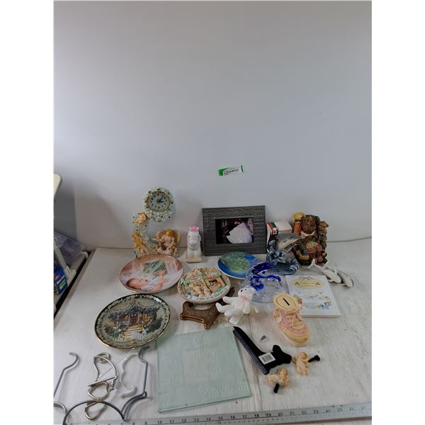 Assorted Dolphin Statues, Small Teddy Bear, (2) Commemorative Plates, Picture Frame, Clock, Misc