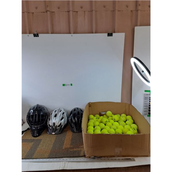 Hockey Goalie Helmet, (2) Bike Helmets (56-60 cm & 50-57 cm), Small Floor Mat, Many Tennis Balls