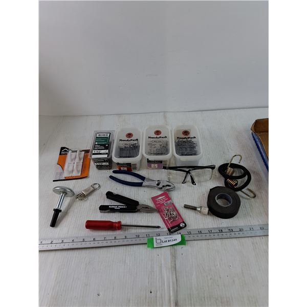 (4) Packs of Nails As-Is, Pliers, Cup Hooks, Needlenose Folding Pliers, Screwdriver, Misc