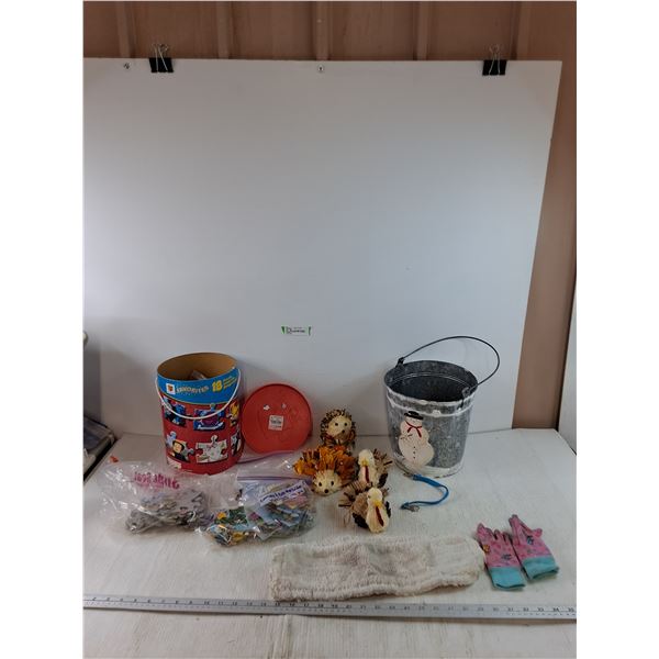 18 Puzzles For Children As-Is, Pair of Small Gloves, Small Turkey and Porcupine Sculptures, Snowman