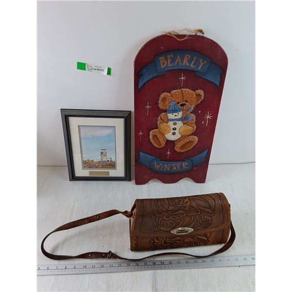 Avonlea Saskatchewan Painting Print, Bearly Winter Wooden Sign, Leather Satchel As-Is