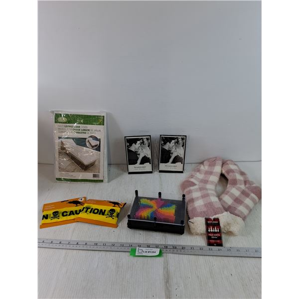 Patio Lounge Chair Cover, Halloween Caution Tape, (2) 4" x 6" Frames, Bootlegger Socks, Tactile Toy