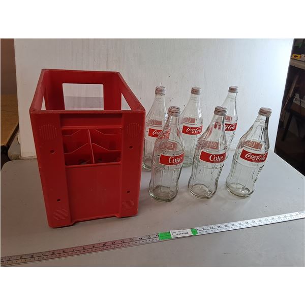 (6) Glass 1.5L Coca-Cola Bottles & Crate 15.25" x 10.25" x 14.25"- Can't Ship