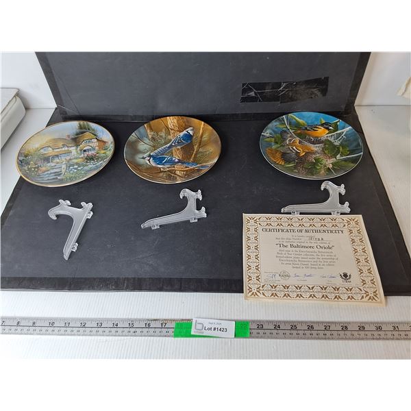 (3) Decorative Plates with Stands & One Certificate