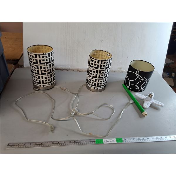 (2) Lamps- Both Power On, (3) Fabric Shades up to 10", Foldable Bulb, Misc. Can't Ship