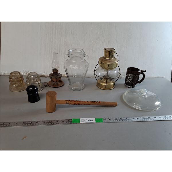 Glass Insulators, Oil Lanterns up to 9.5", Beer Mug, Misc.