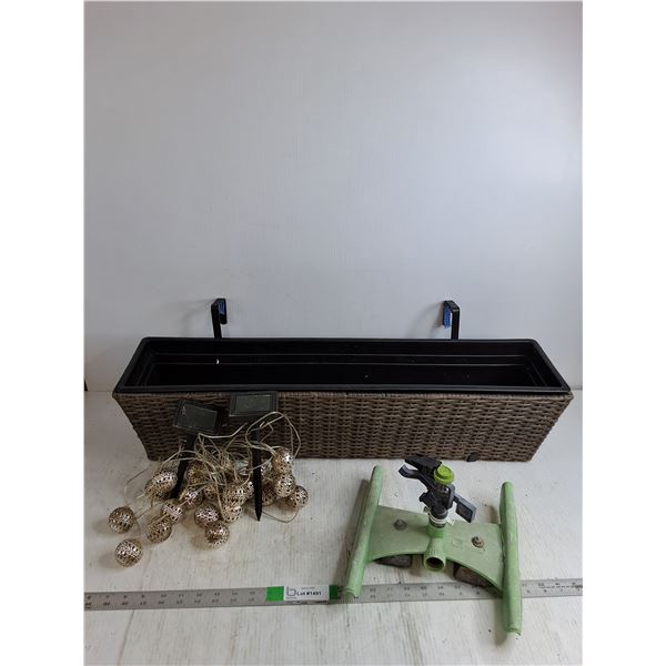 Woven Balcony Planter Box 31"x7"x8",Solar Metal Ball String Lights Feature, Lawn Sprinkler
