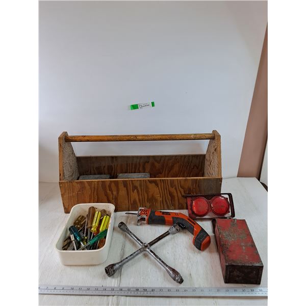 Wooden Toolbox, Black & Decker Reciprocating Saw As-Is, Tire Iron, Screwdrivers, Blameless Flare, Mi