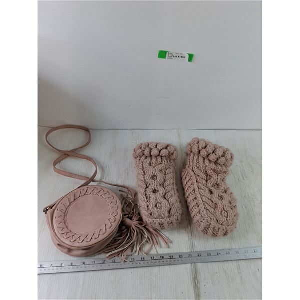 Small Pink Circular Purse and Lemon Knitted Slippers