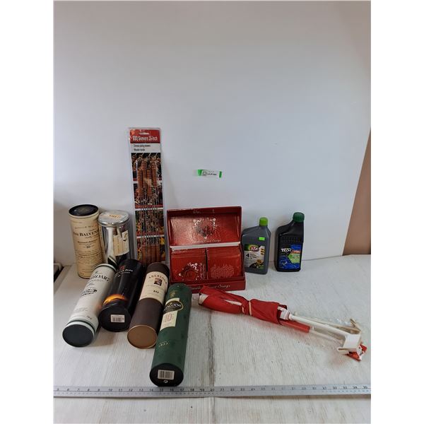 (13) Timeless Love Songs, (4) Canada Flags, (8) BBQ Skewers, (6) Whisky Tins (2) Engine Oil Bottles