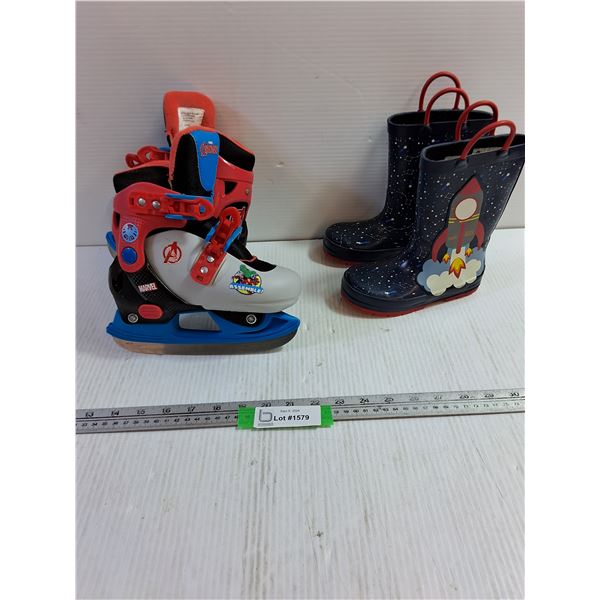 Small Childrens Rubber Boots (Size 9) & Ice Skates