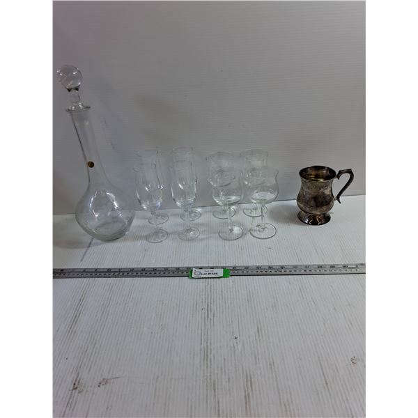 (8) Wine Glasses, Glass Vase, & Brass Cup