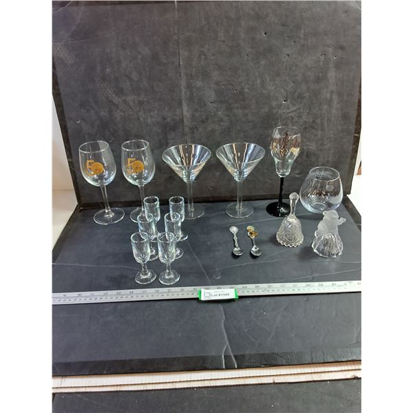 Assorted Glassware & Spoons - (6) Shot Glasses, (5) Wine Glasses, Cup, (2) Glass Bells